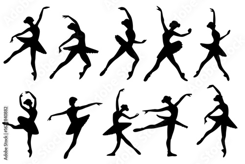 Set of graceful ballerina silhouettes in various classical ballet dance poses. Collection of elegant female dancers in tutus performing beautiful movements.