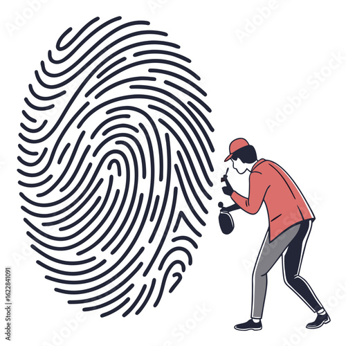 Investigator dusting for fingerprints on a large fingerprint graphic