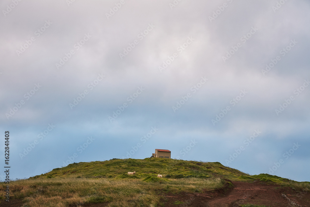 Small rustic building atop a green grassy hill under a cloudy sky, with grazing sheep on the slopes, capturing a serene rural landscape. Small rustic building atop a green grassy hill under a cloudy sky, with grazing sheep on the slopes, capturing a serene rural landscape.