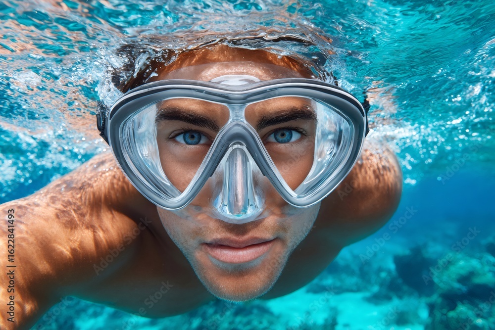 Fototapeta premium Underwater adventure with snorkeling enthusiast