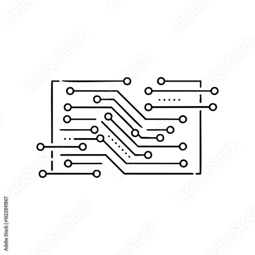 Minimalist abstract circuit board design with interconnected lines and nodes – stock vector icon in line style