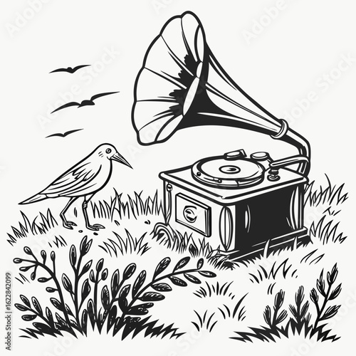 A bird listens to a vintage gramophone playing music in a grassy field