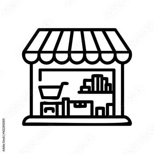 Outline icon of a market storefront with various products displayed – stock vector icon in line style