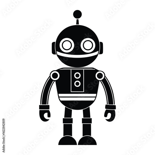 Cute Black and White Robot Cartoon Character Illustration on White Background