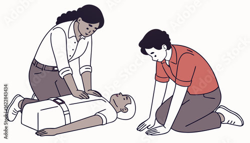 man and woman give CPR to the patient