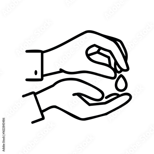 Outlined illustration of hand pouring liquid into another hand – stock vector icon in line style
