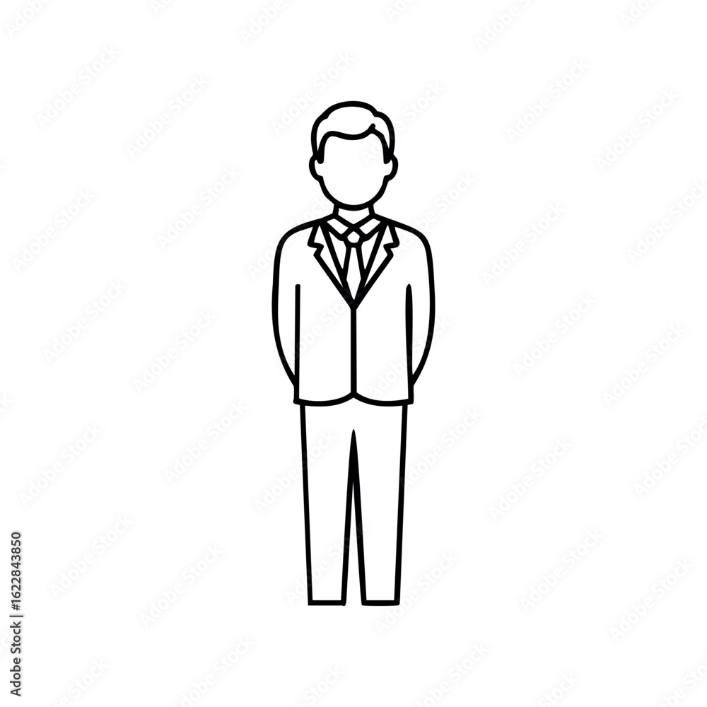 Line art of male adult in business suit with hands behind back – stock vector icon in line style Line art of male adult in business suit with hands behind back – stock vector icon in line style
