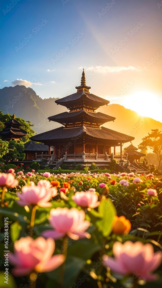 Fototapeta premium Pagoda Sunrise in Flower Garden