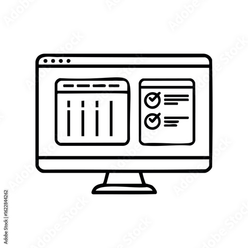 Computer monitor displaying spreadsheet and checklist icon – stock vector icon in line style