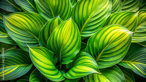 Close up overhead view of vibrant green hosta leaves with striking yellow variegation and prominent veins creating a textured natural pattern