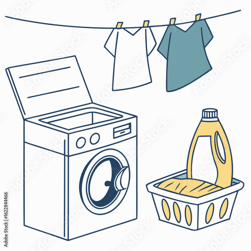 Vector art of laundry scene with washing machine, clothes and detergent isolated on white background