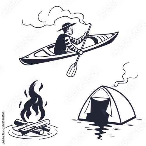 Vector art of camping and kayaking adventure with campfire and tent isolated on white background