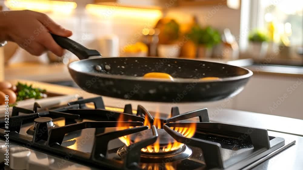 Hand Flipping Fried Eggs In A Black Pan Over A Gas Stove With A Bright Kitchen Background Hand Flipping Fried Eggs In A Black Pan Over A Gas Stove With A Bright Kitchen Background