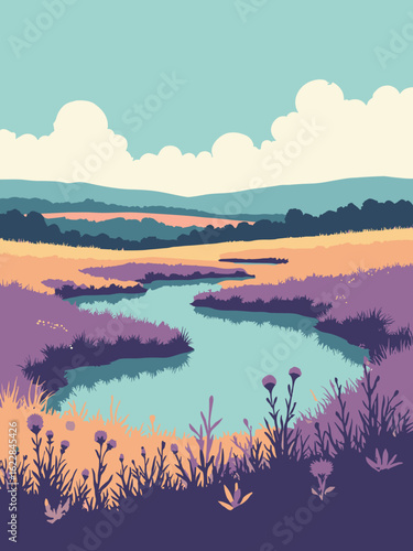 Mitcham, United Kingdom – Mitcham Common ponds and heathland in pond teal, heath purple, gorse yellow, and sky white