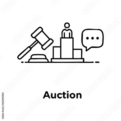 Auction icon with hammer and podium depicting bidding concept – stock vector icon in line style