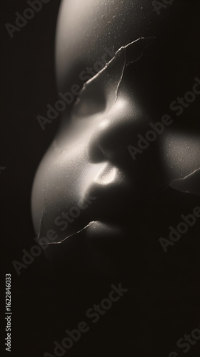 Broken porcelain doll face with cracks in dark lighting  design banner