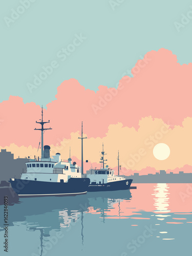 Gosport, United Kingdom – Royal Clarence Yard docks and Portsmouth Harbour views in quay gray, mast white, tide blue, and sunset pink