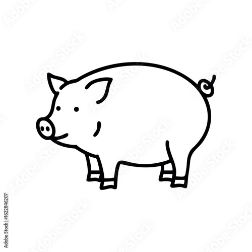 Simple outline drawing of a pig with curly tail in black and white – stock vector icon in line style