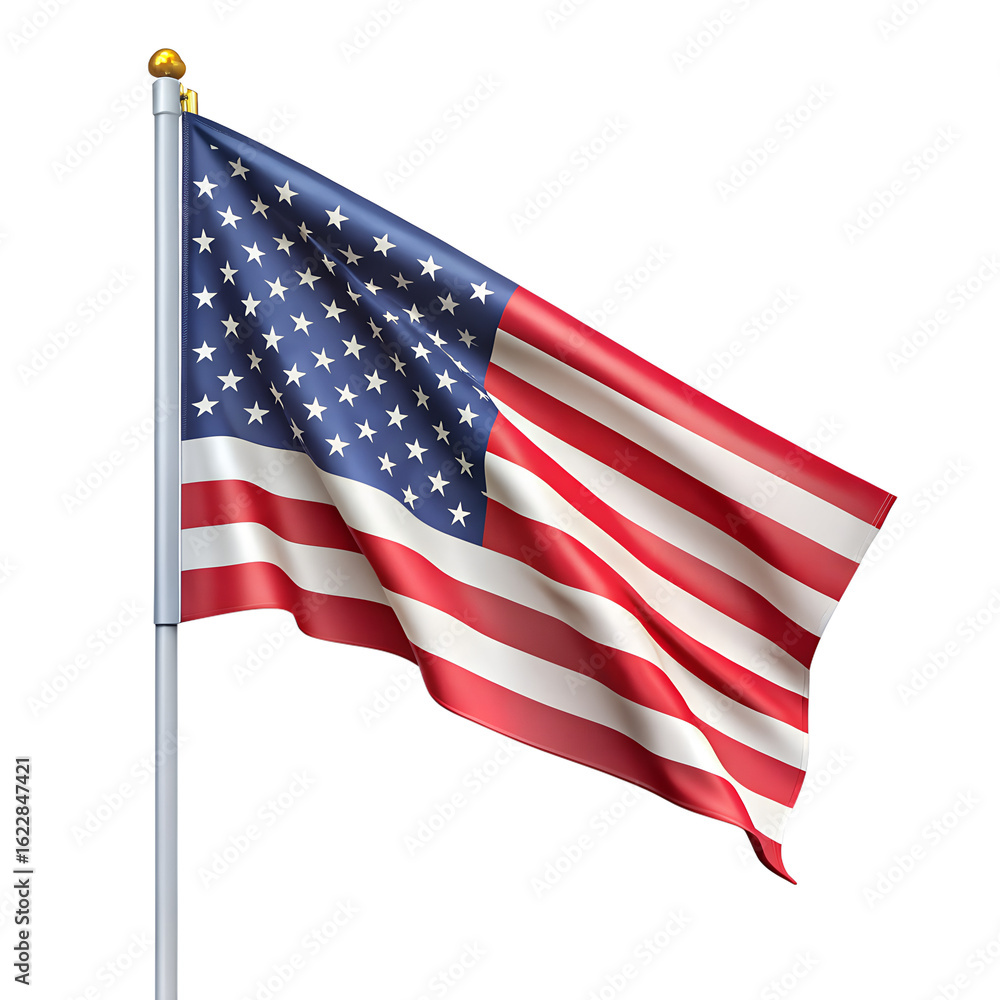 Fototapeta premium Waving american flag on a pole isolated on transparent background