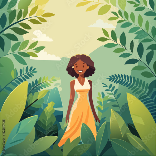 Enchanted Woman Emerging from Lush Green Foliage in Sunlit Forest