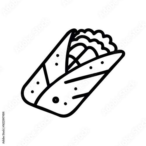 Hand-drawn taco drawing with grated cheese and lettuce in wrap – stock vector icon in line style