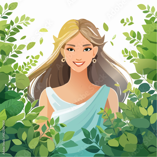 Enchanted Woman Emerging from Lush Green Foliage in Sunlit Forest