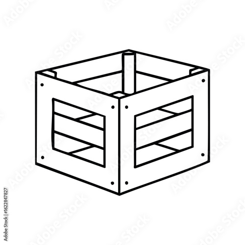 Hand-drawn crate outline with open slatted sides for storage or transport. – stock vector icon in line style