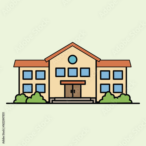 Illustration of a school building with a simple design, symmetrical windows, a red triangular roof, and green bushes in the foreground, depicting a friendly educational environment.