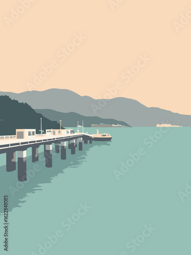Bangor, United Kingdom – Bangor Pier and Menai Strait views in pier white, water teal, mountain gray, and sky peach