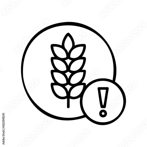 Wheat allergy icon with exclamation mark indicating gluten warning – stock vector icon in line style