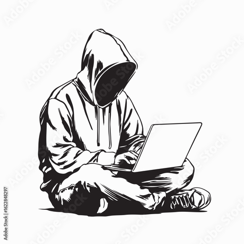Hooded figure sitting and using laptop vector illustration in cyber hacker style