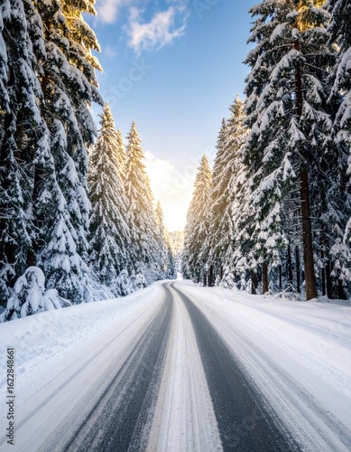 Snowy road through a forest