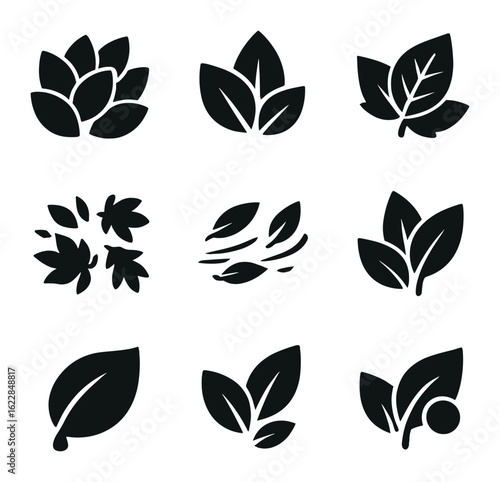 Leaf Icon Grid. Solid, filled icons set of leaf cluster forms: dense patch, layered blade, vein net, dry mix,