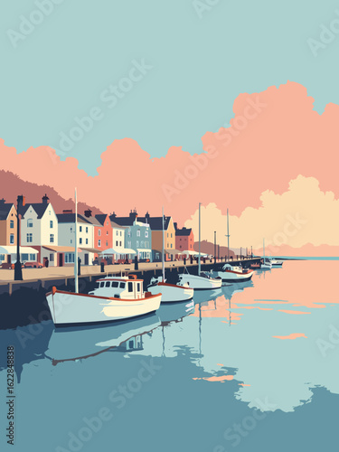Weymouth, United Kingdom – Weymouth Harbour fishing boats and Georgian esplanade in boat white, esplanade cream, sea blue, and dusk coral