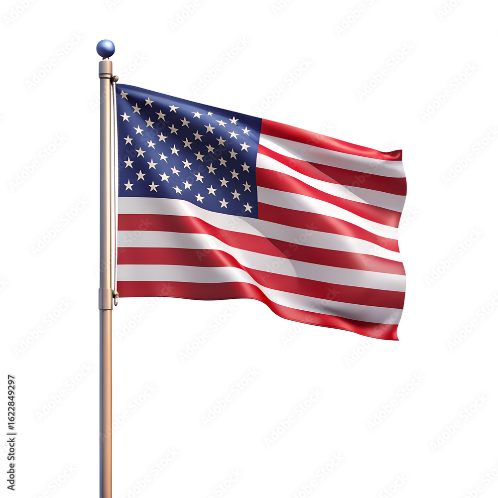 Fototapeta premium American flag waving on a flagpole, isolated on transparent background, representing the united states of america