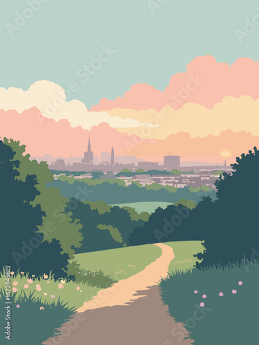 South Croydon, United Kingdom – Croham Hurst gardens and panoramic city views in heath green, sky gray, path brown, and dawn pink