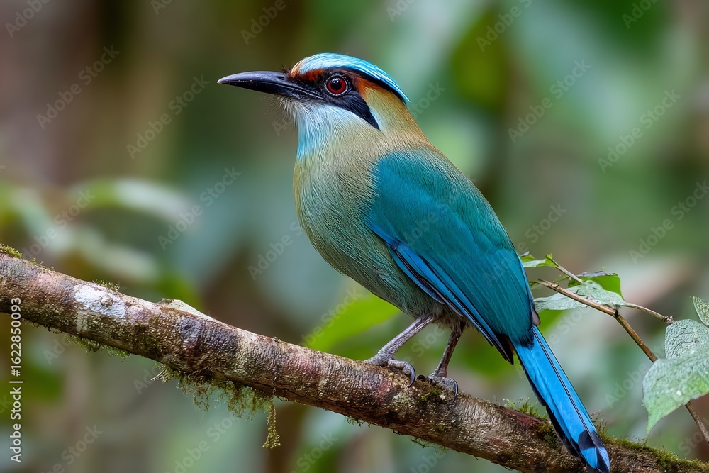 Obraz premium A turquoise browed motmot perched on a branch in a lush green forest environment setting outdoors