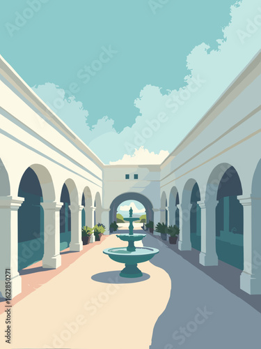 Braintree, United Kingdom – Freeport Designer Outlet archways and fountains in outlet white, fountain teal, walkway gray, and sky blue