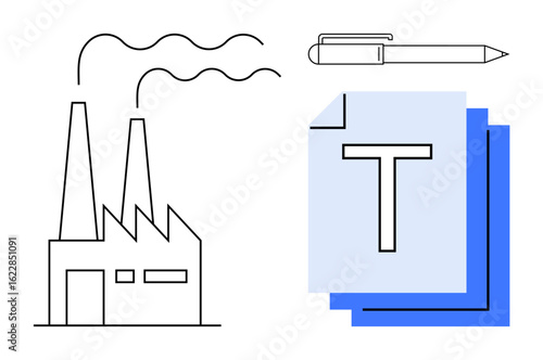 Factory building with smoke emissions, pen, and stacked papers. Ideal for manufacturing, industry, documentation, productivity, communication, environmental impact and simple landing page