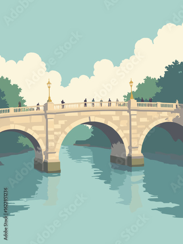 Staines, United Kingdom – Staines Bridge arches over Thames in bridge stone, river teal, lamp gold, and sky silver