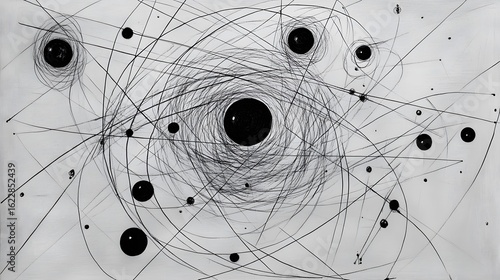 Abstract Cosmic Nebula Ink Drawing, Black Circles and Lines