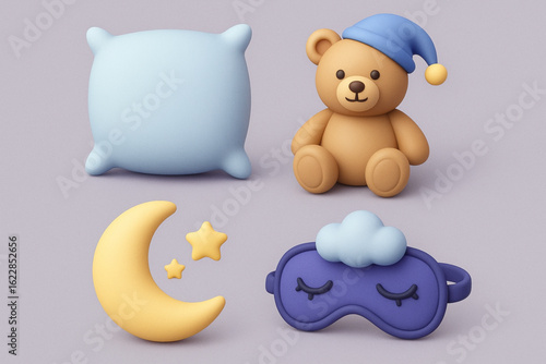 Cozy 3D Bedtime Icons Set – Pillow, Teddy Bear & Dreamy Sleep Essentials