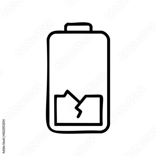 Outlined icon of a battery with a crack indicating low power or damage – stock vector icon in line style