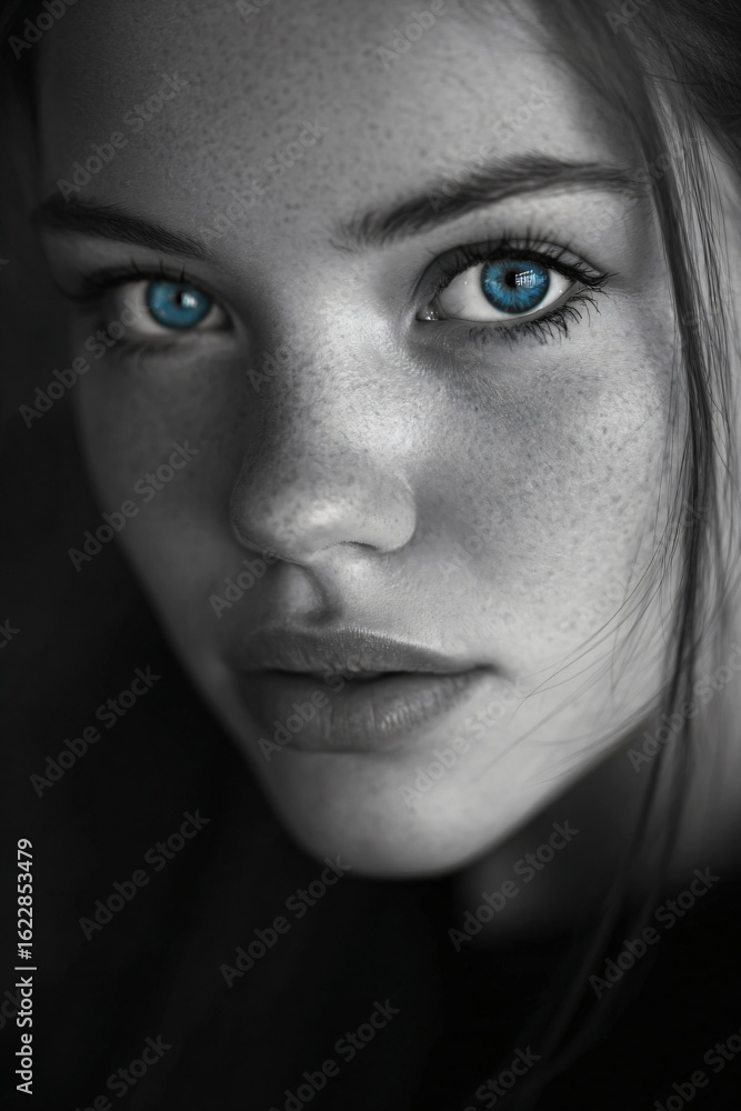 Fototapeta premium black and white portrait of a woman with bright blue eyes 