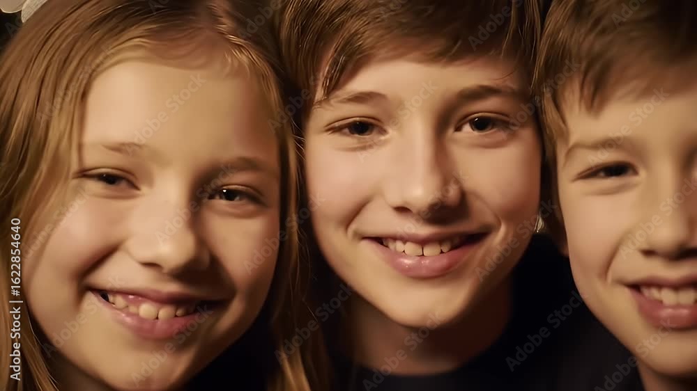 Close Up Portrait of Three Smiling Kids with Warm Lighting and Shallow Depth of Field Close Up Portrait of Three Smiling Kids with Warm Lighting and Shallow Depth of Field