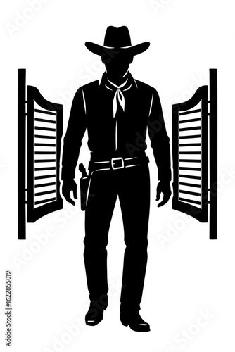 Cowboy in Saloon Doors Silhouette Vector - Classic Western Gunslinger