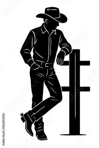 Cowboy Leaning on Fence Post Silhouette - Western Lifestyle Vector
