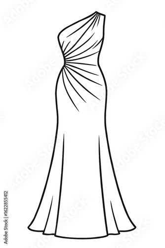 Elegant One-Shoulder Ruched Gown - Fashion Outline Vector