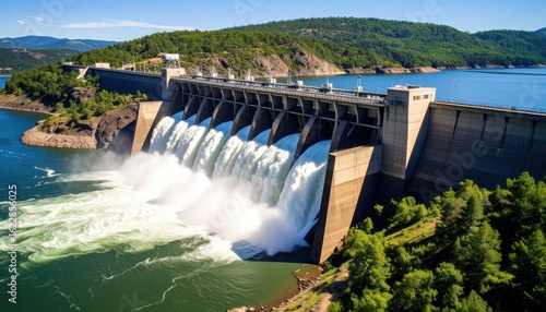 Massive dam releasing water into a lake