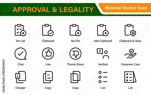 Approval and legality icons in outline style. Includes thin line vector icons for legal documents, verification, certification, signatures, consent, and compliance.